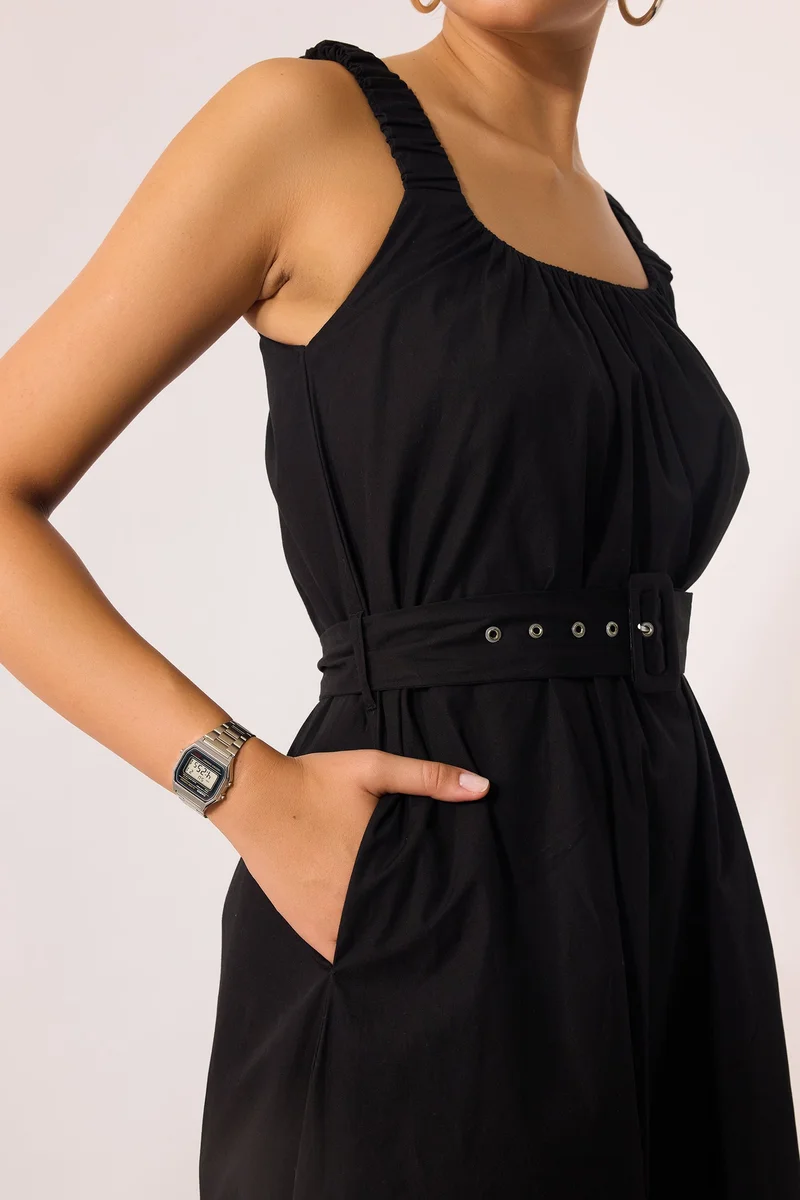 Virgio Virgio Women Cotton U-Neck Midi Length Solid Strap Sleeve Dress