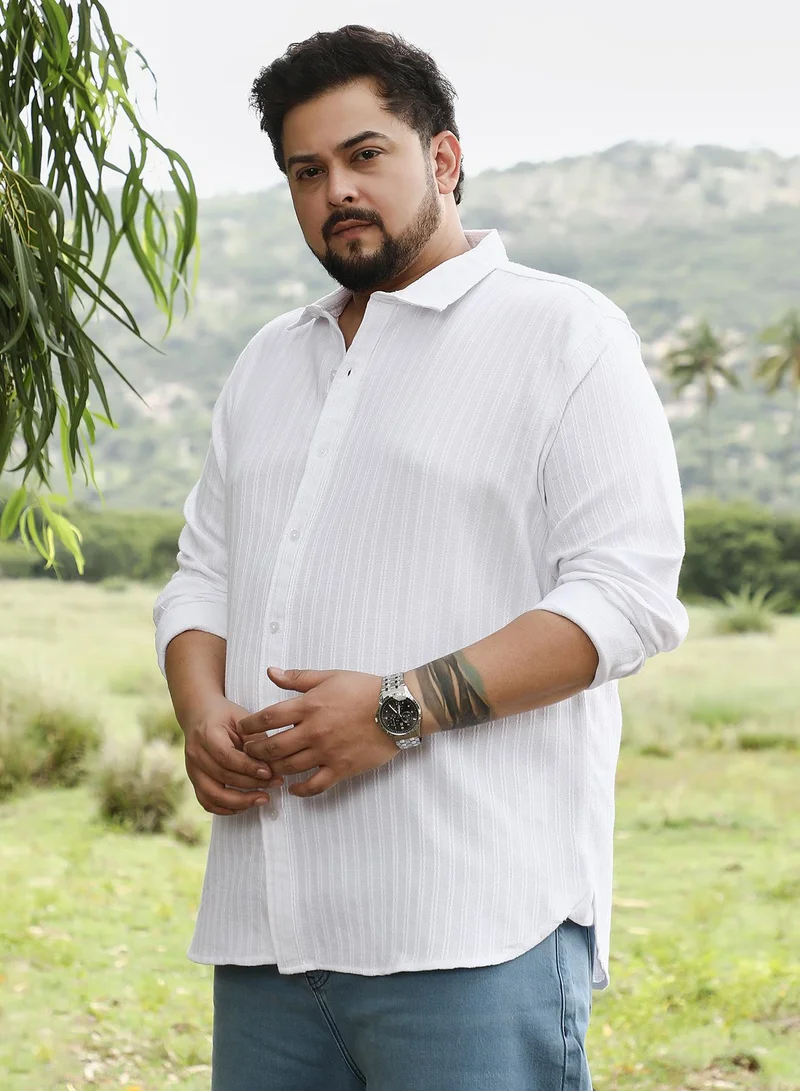 Instafab Plus Instafab Plus Men Rope-Stripe Jacquard Shirt | Spread Collar , Long Cuffed Sleeves | Button Closure , Curved Hem | Stripes Jacquard | Woven Fabric For Casual & Evening Wear | Chalk White