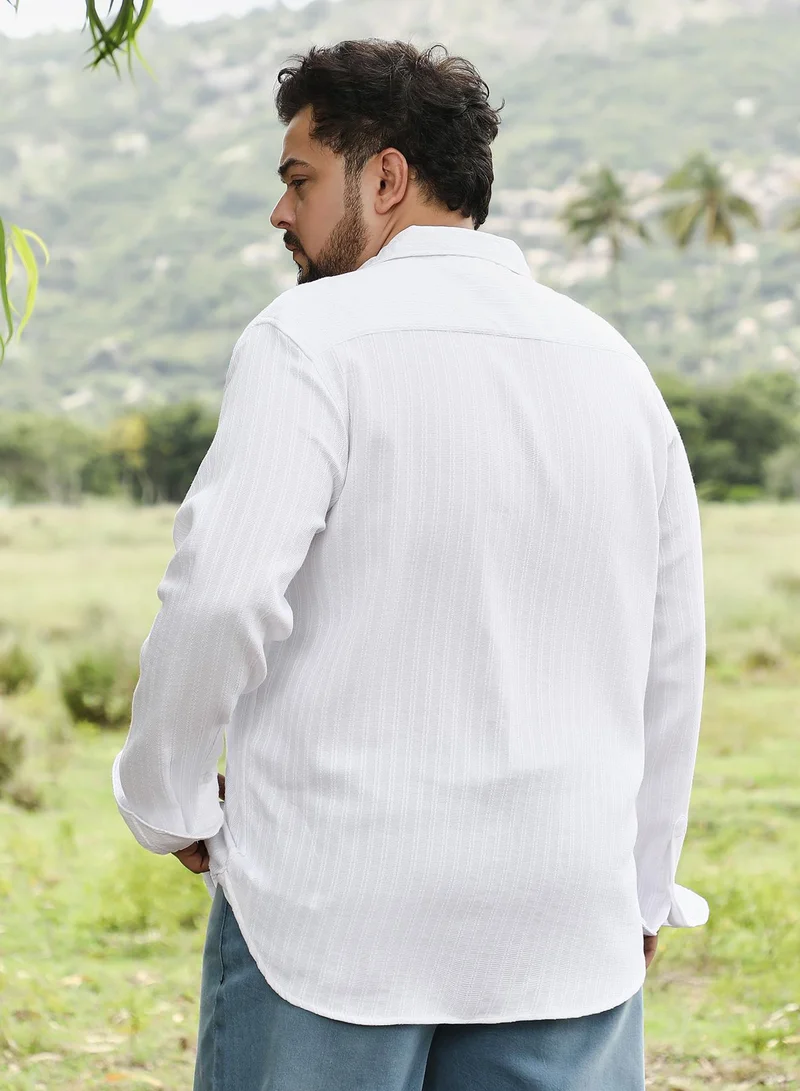 Instafab Plus Instafab Plus Men Rope-Stripe Jacquard Shirt | Spread Collar , Long Cuffed Sleeves | Button Closure , Curved Hem | Stripes Jacquard | Woven Fabric For Casual & Evening Wear | Chalk White