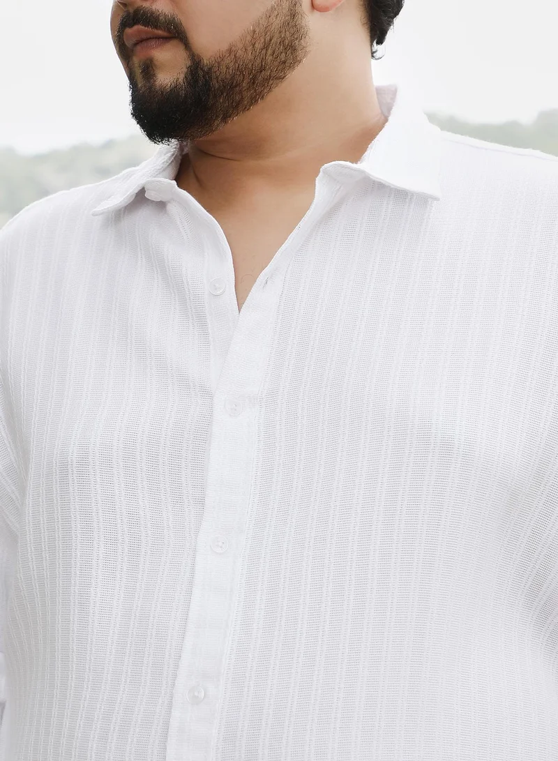 Instafab Plus Instafab Plus Men Rope-Stripe Jacquard Shirt | Spread Collar , Long Cuffed Sleeves | Button Closure , Curved Hem | Stripes Jacquard | Woven Fabric For Casual & Evening Wear | Chalk White