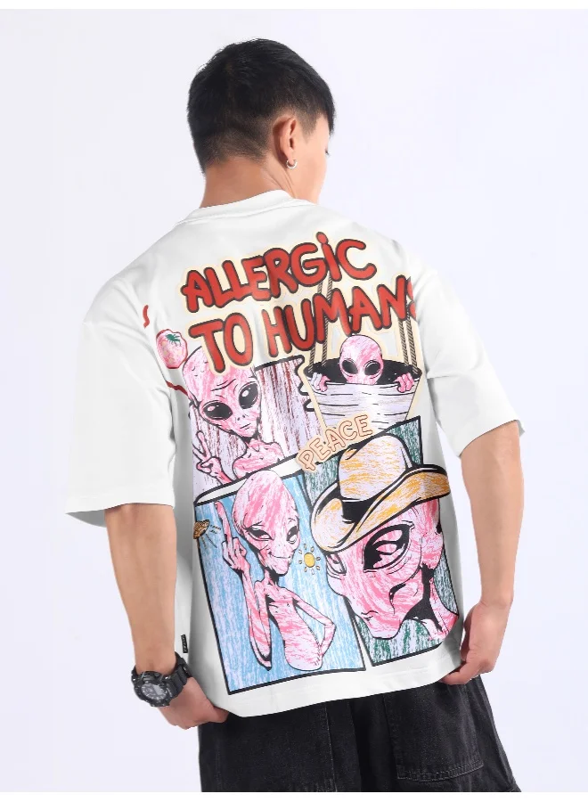 Beyoung White Allergic To Human Puff Printed Oversized T-Shirt