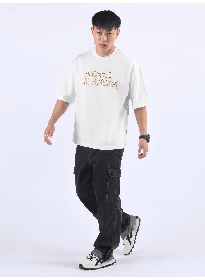 Beyoung White Allergic To Human Puff Printed Oversized T-Shirt