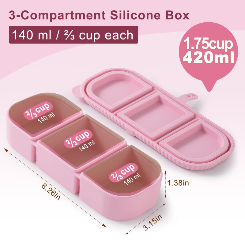 LOROTOCO 2Pack Silicone Reusable Snack Containers with Lids | Small 3-Compartment Snackle Box |Perfect for Kids Lunch, Sauce, Food Storage at School, Work, Travel - Image 2