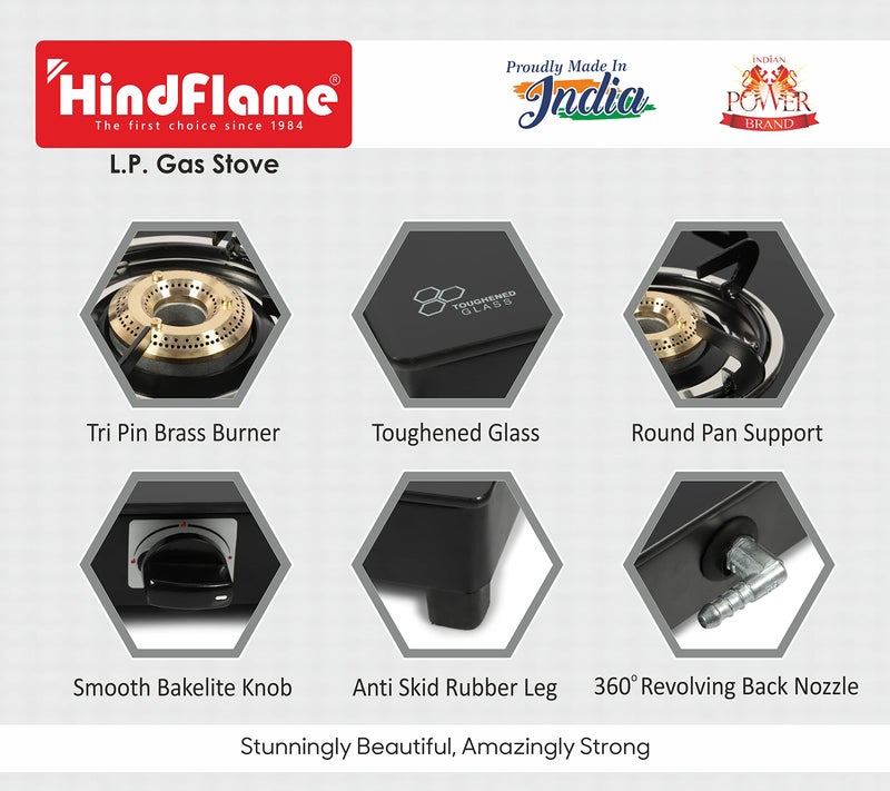 Hindflame موقد غاز هندفليم 4 شعلات سلسلة كراون السوداء مع زجاج مقسى، إشعال يدوي مع ضمان لمدة سنة (معتمد من ISI) العلامة التجارية: هندفليم (4 شعلات) - Image 5