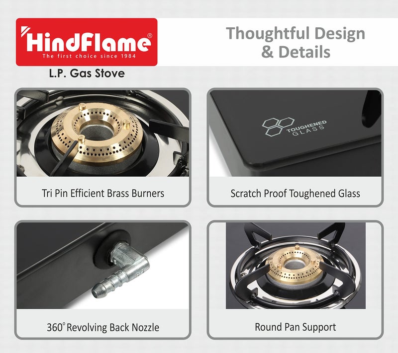 Hindflame موقد غاز هندفليم 4 شعلات سلسلة كراون السوداء مع زجاج مقسى، إشعال يدوي مع ضمان لمدة سنة (معتمد من ISI) العلامة التجارية: هندفليم (4 شعلات) - Image 3