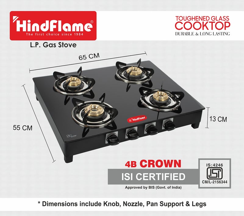 Hindflame موقد غاز هندفليم 4 شعلات سلسلة كراون السوداء مع زجاج مقسى، إشعال يدوي مع ضمان لمدة سنة (معتمد من ISI) العلامة التجارية: هندفليم (4 شعلات) - Image 2