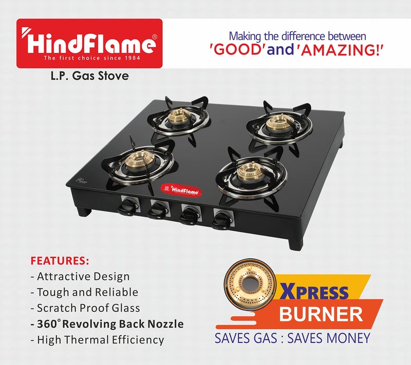 Hindflame موقد غاز هندفليم 4 شعلات سلسلة كراون السوداء مع زجاج مقسى، إشعال يدوي مع ضمان لمدة سنة (معتمد من ISI) العلامة التجارية: هندفليم (4 شعلات) - Image 4