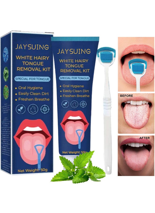 Jaysuing White Hairy Tongue Removal Kit, Tongue Cleaning Gel Set, Tongue Cleaner Gel with Soft Tongue Brush, Easy to Use Tongue Scraper Precise Cleaning Brush Kit, Keep Fresh Breath 50G  - Image 1
