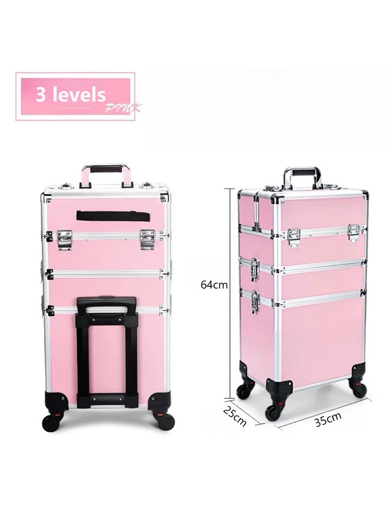 Generic - Makeup Trolley Case Makeup Train Case Makeup Organizer Box Portable Travel Cosmetics with Wheels, Detachable Carrying Case, Large Capacity Storage Box (Pink,3 Layers) - Image 1