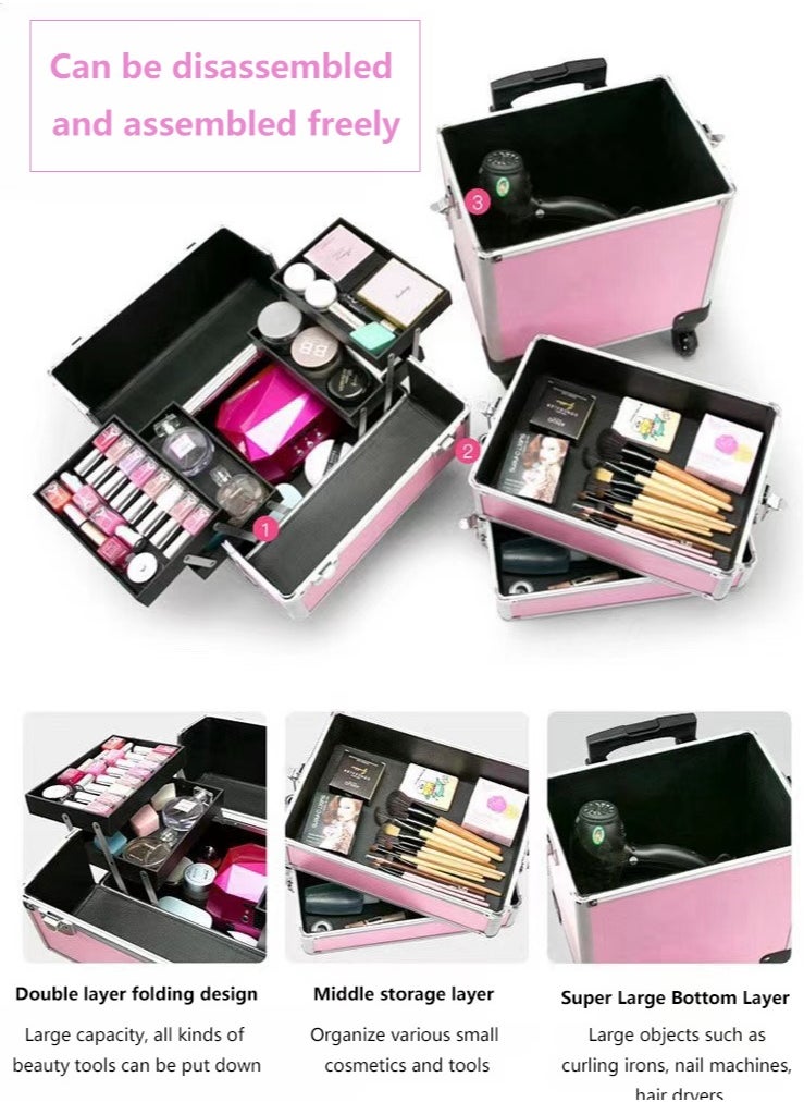 Generic - Makeup Trolley Case Makeup Train Case Makeup Organizer Box Portable Travel Cosmetics with Wheels, Detachable Carrying Case, Large Capacity Storage Box (Pink,3 Layers) - Image 1