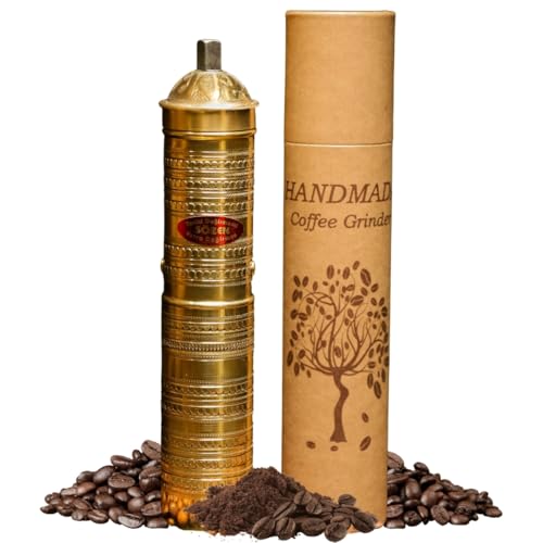 Ottoman Inspirations Sozen Hammered 9" Manual Coffee Grinder Brass – Hand Crank Burr Mill for Turkish Coffee, French Press, Espresso, Camping & Home Use – Portable Coffee Bean Grinder, Adjustable Conical Grinder - Image 1