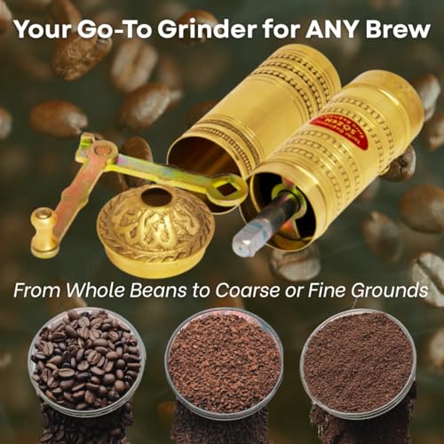 Ottoman Inspirations Sozen Hammered 9" Manual Coffee Grinder Brass – Hand Crank Burr Mill for Turkish Coffee, French Press, Espresso, Camping & Home Use – Portable Coffee Bean Grinder, Adjustable Conical Grinder - Image 3
