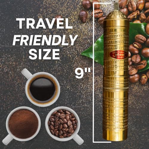 Ottoman Inspirations Sozen Hammered 9" Manual Coffee Grinder Brass – Hand Crank Burr Mill for Turkish Coffee, French Press, Espresso, Camping & Home Use – Portable Coffee Bean Grinder, Adjustable Conical Grinder - Image 2
