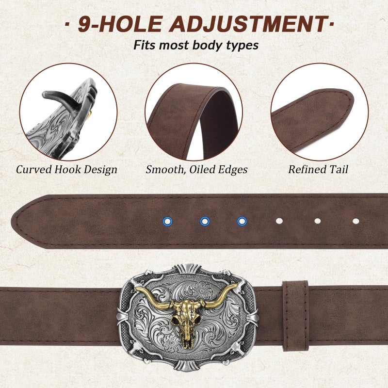 SANSTHS Cowboy Belts for Men Women - Western Belt and Buckle, PU-Leather Rodeo Cowgirl Belt for Jeans, Brown Longhorn 1.5" - Image 4