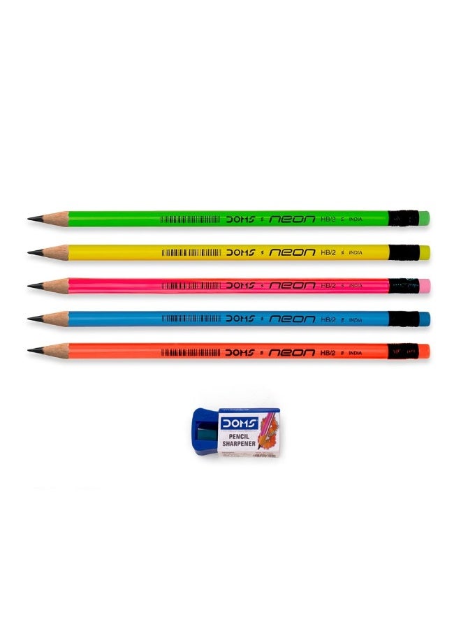 DOMS Neon Rubber Tipped HB/2 Graphite Pencils Box Pack | Non-Toxic | Free Sharpner Inside The Box | Easy & Smooth Sharpening | Pack Of 10 Pencils - Image 1