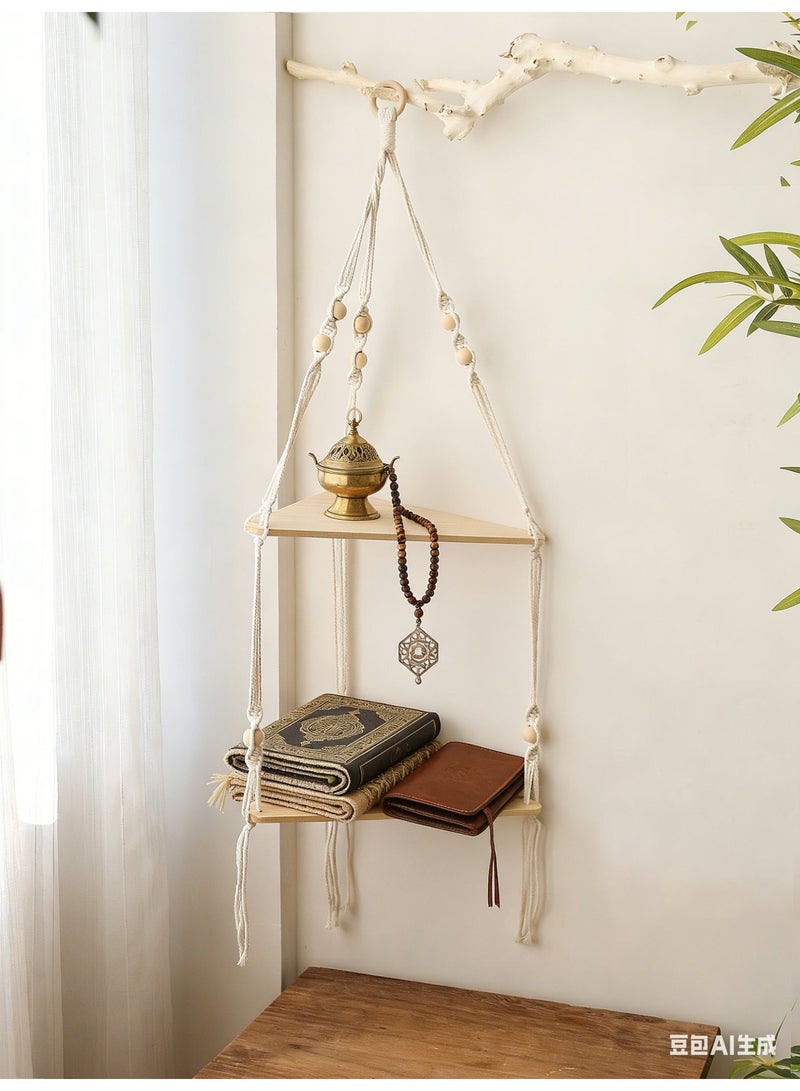 Ayana Casa Black Rope Hanging Shelf – Wooden Floating Wall Shelf with Wooden Beads and Tassel for Living Room Bedroom Bathroom Home Décor - Image 1