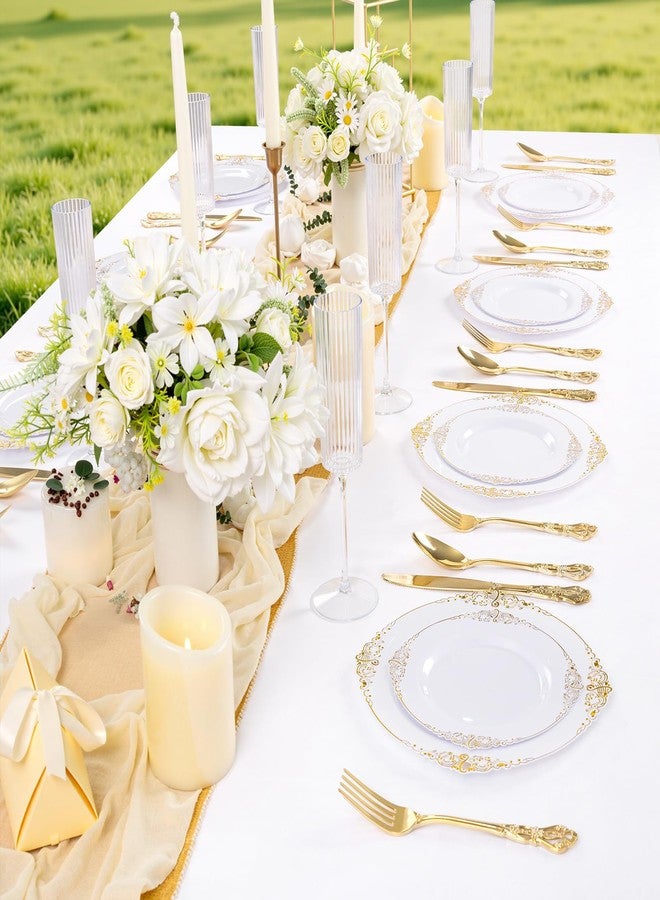 Joyido 102PCS White and Gold Plastic Plates - Heavy Duty Gold Disposable Plates Include 51PCS 7.5inch Dessert Plates, 51PCS 10.25inch Dinner Plates for Weddings & Parties - Image 5