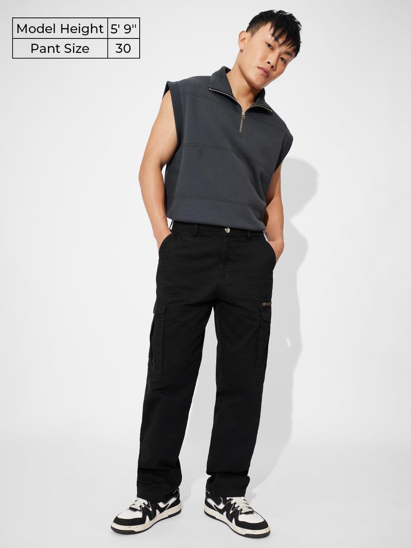 The Souled Store Solids: Black Men and Boys Buttoned Cotton Straight Fit Cargo Pants - Image 2