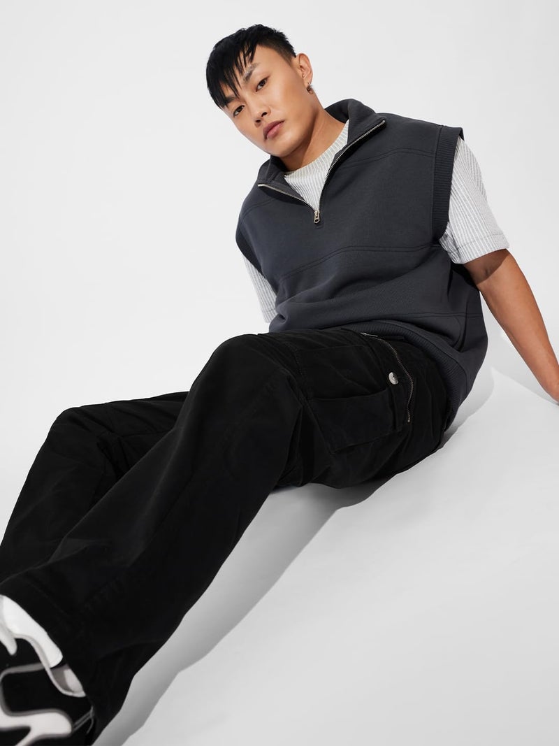 The Souled Store Solids: Black Men and Boys Buttoned Cotton Straight Fit Cargo Pants - Image 3
