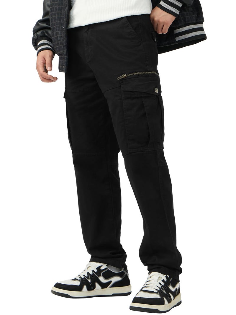 The Souled Store Solids: Black Men and Boys Buttoned Cotton Straight Fit Cargo Pants - Image 1