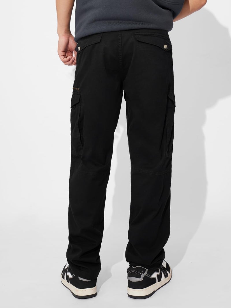 The Souled Store Solids: Black Men and Boys Buttoned Cotton Straight Fit Cargo Pants - Image 4