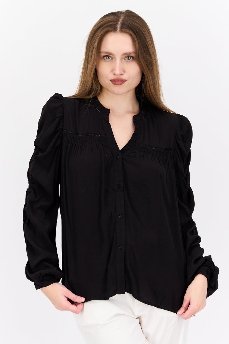 Pepe Jeans Women V Neck Long Sleeve Textured Top, Black - Image 1