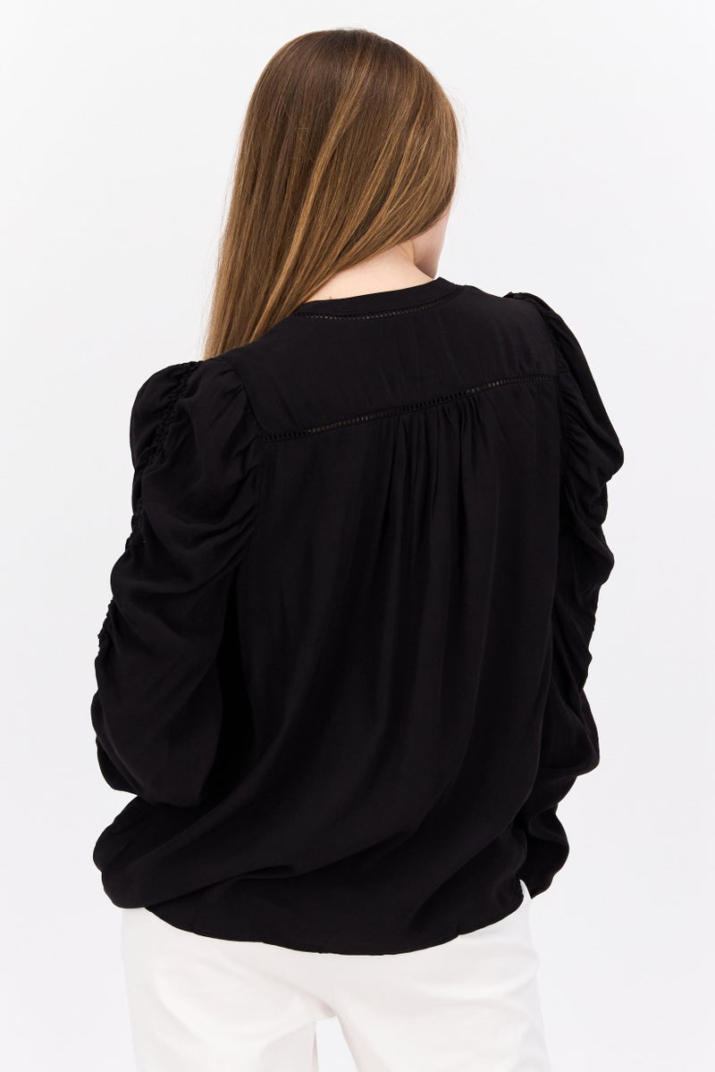 Pepe Jeans Women V Neck Long Sleeve Textured Top, Black - Image 2
