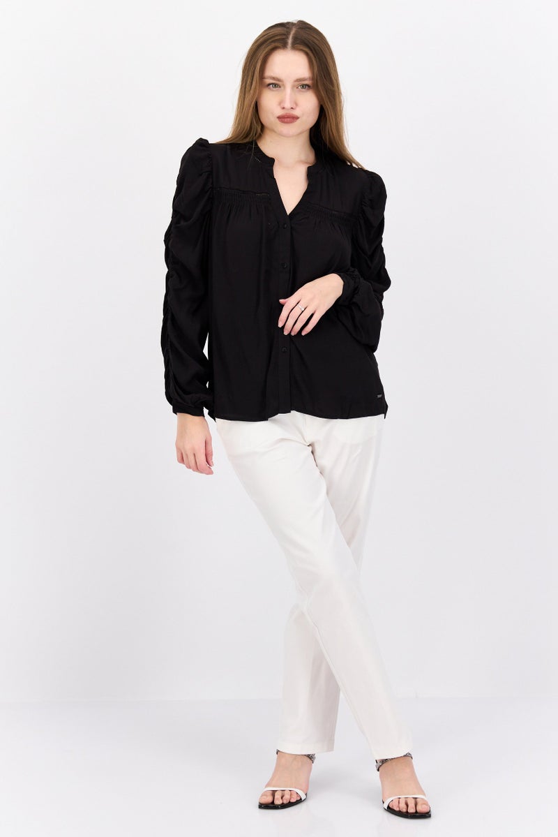 Pepe Jeans Women V Neck Long Sleeve Textured Top, Black - Image 4
