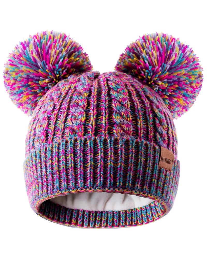 HAITHO Winter Hat for Kids Toddler Children, Girls Beanie with Double Pom Pom Warm Thick Thermal Fleece Lined, Girls Accessories Cute Knit Beanies Cap for Cold Weather(Rainbow) - Image 1