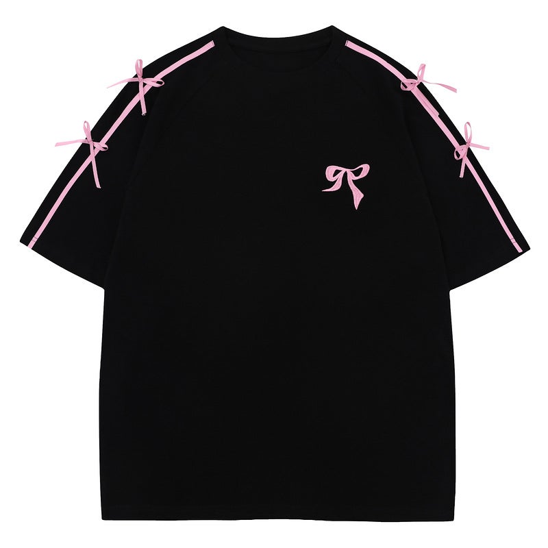 Qilin Men'S Summer Bow Embroidery Short Sleeve T-Shirt Women'S Niche Design Loose Slim Shirt - Image 4