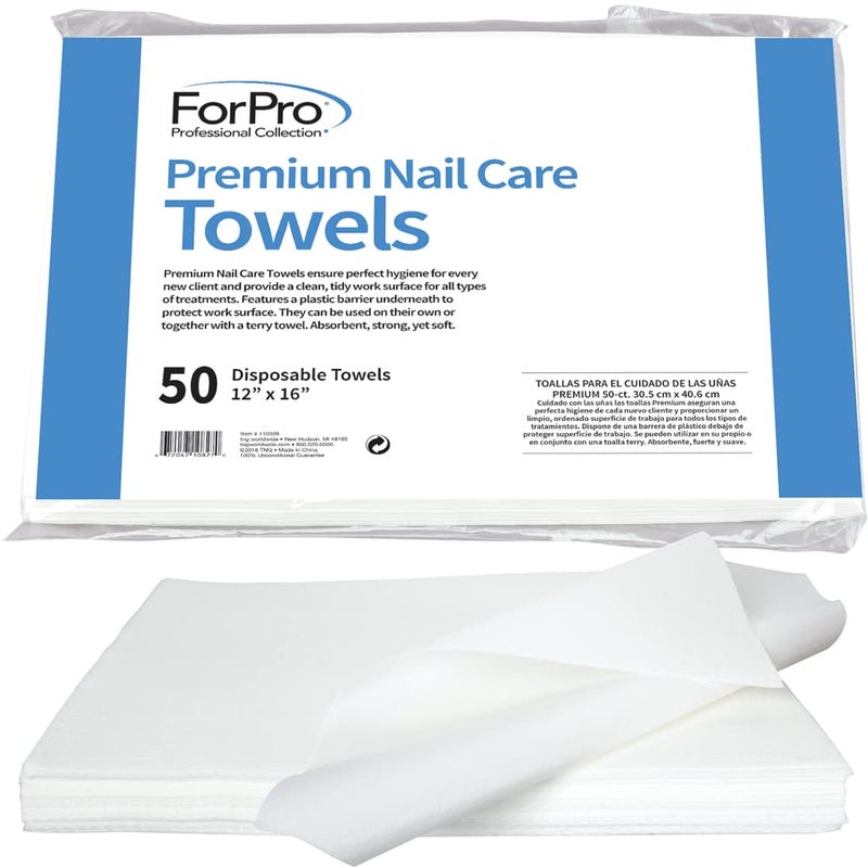 ForPro Professional Collection Premium Nail Care Towels for Manicures and Pedicures LintFree Disposable with Poly Back 12 x 16 50Count