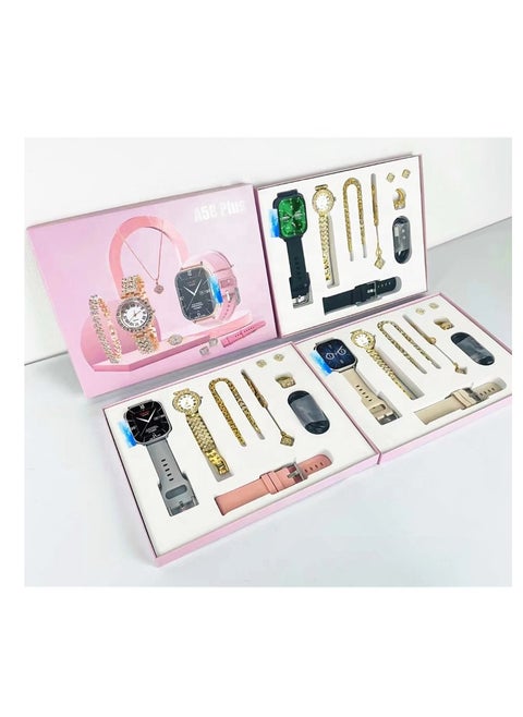 A58 PLUS Women Smartwatch Supports Bluetooth Call Ultra Long Endurance Sleep Monitoring Additional Women's Diamond Set Small Gold Watch Necklace Ring Earrings Bracelet Set Gift Box - GREY