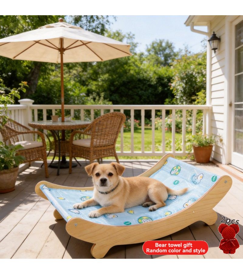 All Season Wooden Pet Bed With Summer Ice Silky Fiber Fabric Cooling Breathable Moisture Proof Sturdy Collapse Resistant Suitable For Cats And Dogs L Size Includes Pet Grooming Towels - Image 1