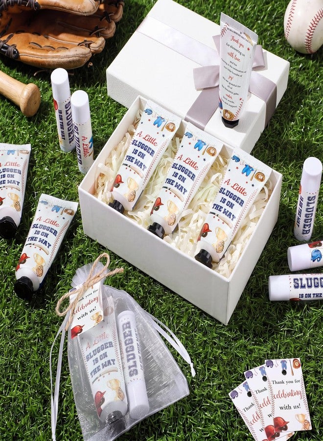 Dimsile 50 Sets 200 Pcs Baby Shower Hand Lotion and Lip Balm Gift a Little Slugger Is on the Way Theme Baby Shower Party Favors Travel Size Hand Lotion and Lip Balm Bulk with Organza Bags Tags - Image 2