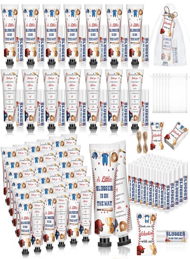 Dimsile 50 Sets 200 Pcs Baby Shower Hand Lotion and Lip Balm Gift a Little Slugger Is on the Way Theme Baby Shower Party Favors Travel Size Hand Lotion and Lip Balm Bulk with Organza Bags Tags - Image 1