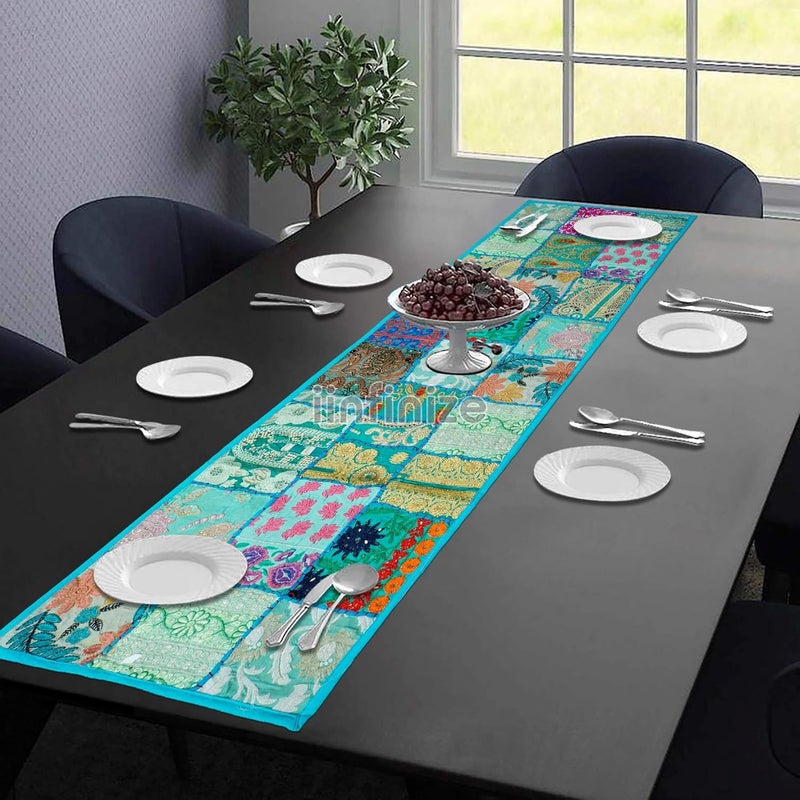 iinfinize Table Runner Ethnic Cotton Patchwork Embroidery Runner for Dining Table Sky Blue Colour 16 X 60 Inch