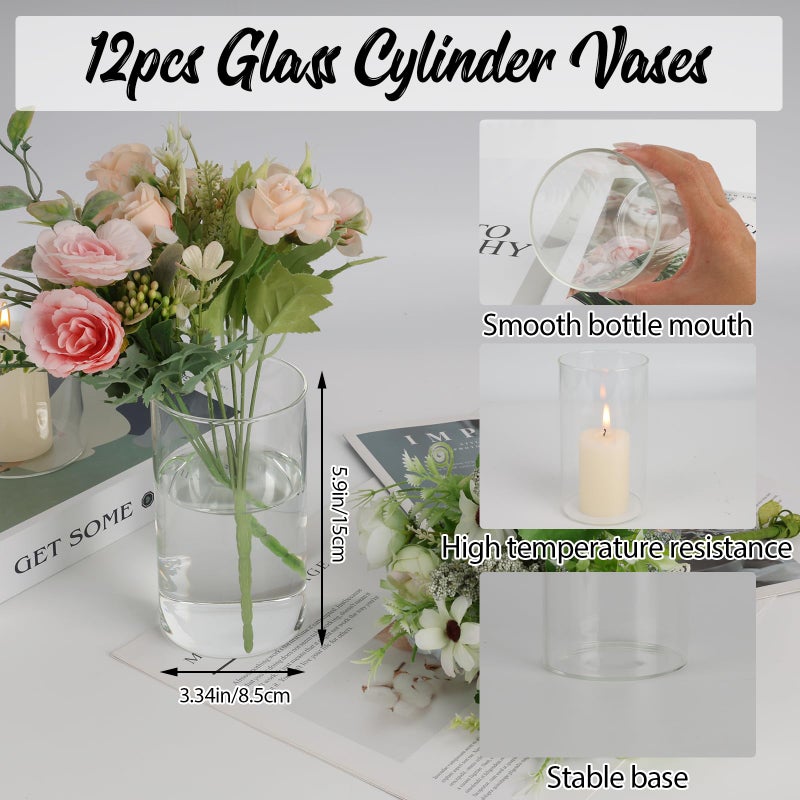 IANFEPH 12pcs Glass Cylinder Vases for Centerpieces, Floating Glass Candle Holder for Dinner Table 6 Inch Tall Clear Flower Vases for Wedding Decoration, Birthday Party, Home, Holiday - Image 2