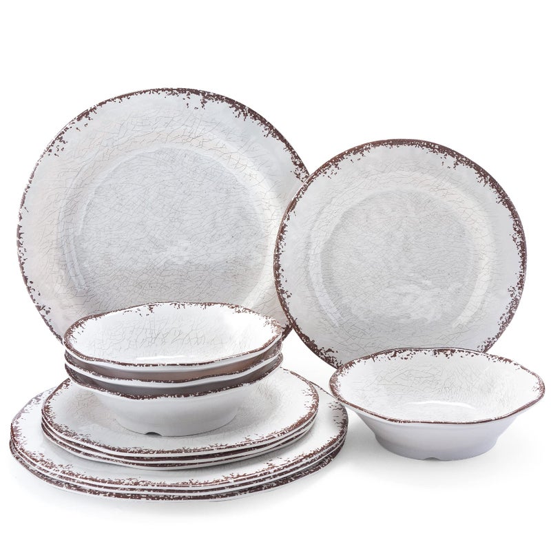 LEHAHA LEHAHA Vintage White Melamine Dinnerware set12 Piece Lightweight Unbreakable Outdoor Camper PlatesDishes and Bowls Set Service for 4 Dishwasher Safe 