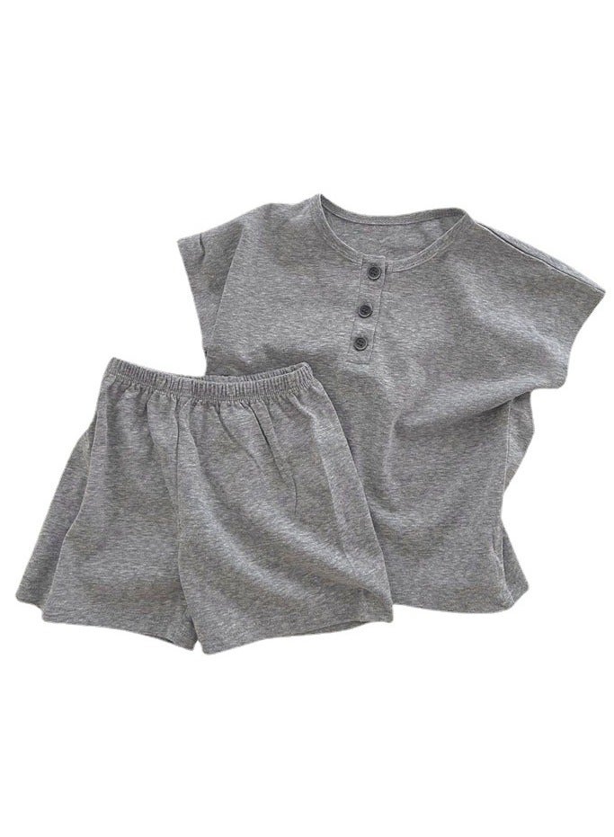 Baby Soft Breathable Cotton Short-Sleeved T-Shirt + Shorts Heather Grey Two-Piece Set - Image 1