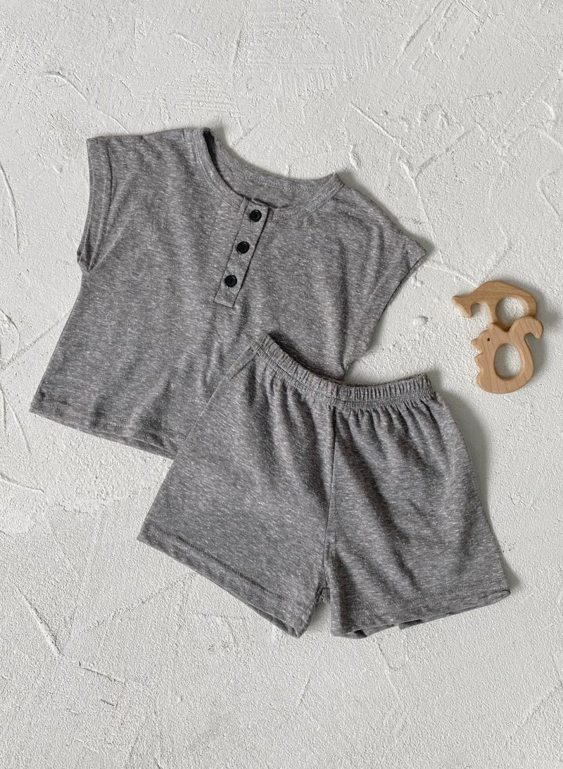 Baby Soft Breathable Cotton Short-Sleeved T-Shirt + Shorts Heather Grey Two-Piece Set - Image 2