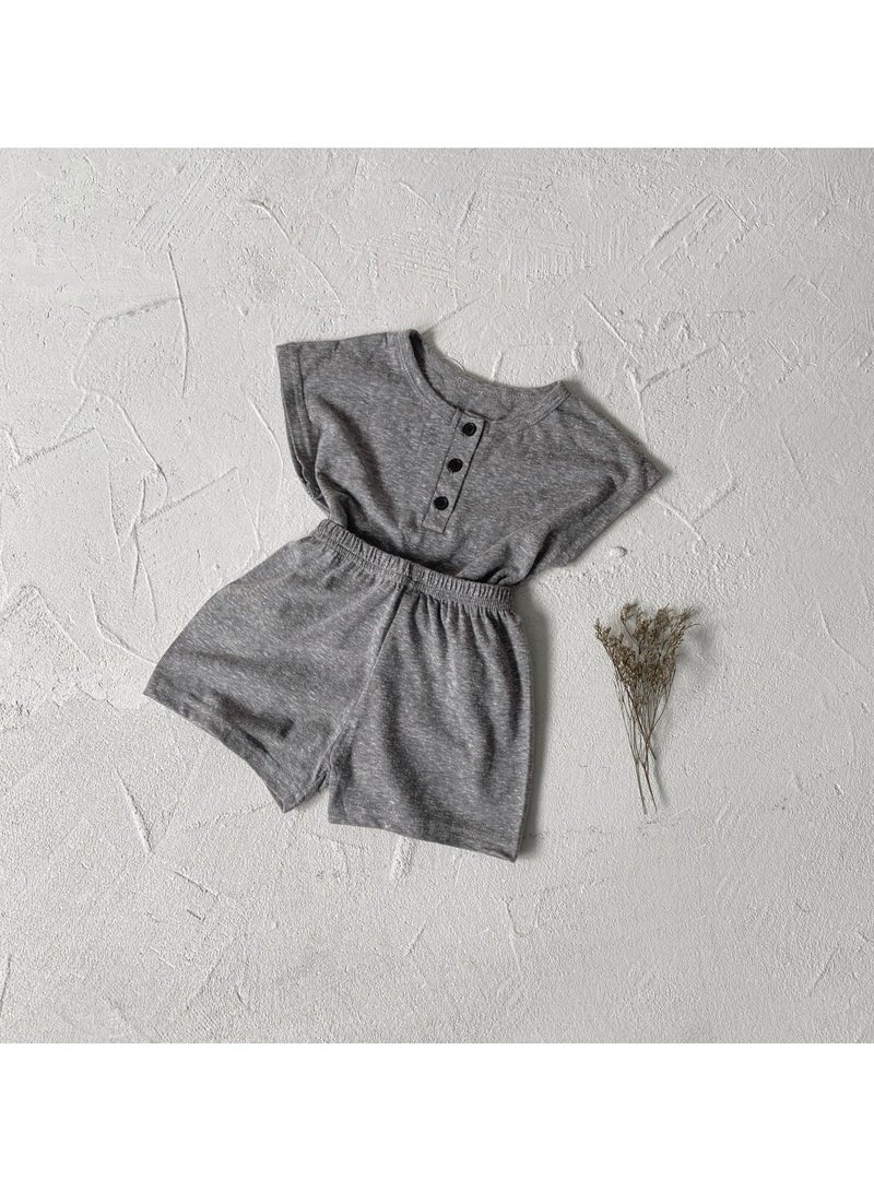 Baby Soft Breathable Cotton Short-Sleeved T-Shirt + Shorts Heather Grey Two-Piece Set - Image 4