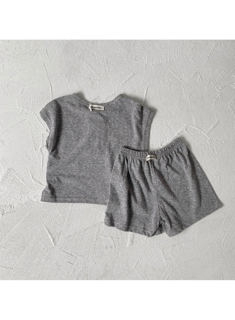 Baby Soft Breathable Cotton Short-Sleeved T-Shirt + Shorts Heather Grey Two-Piece Set - Image 5