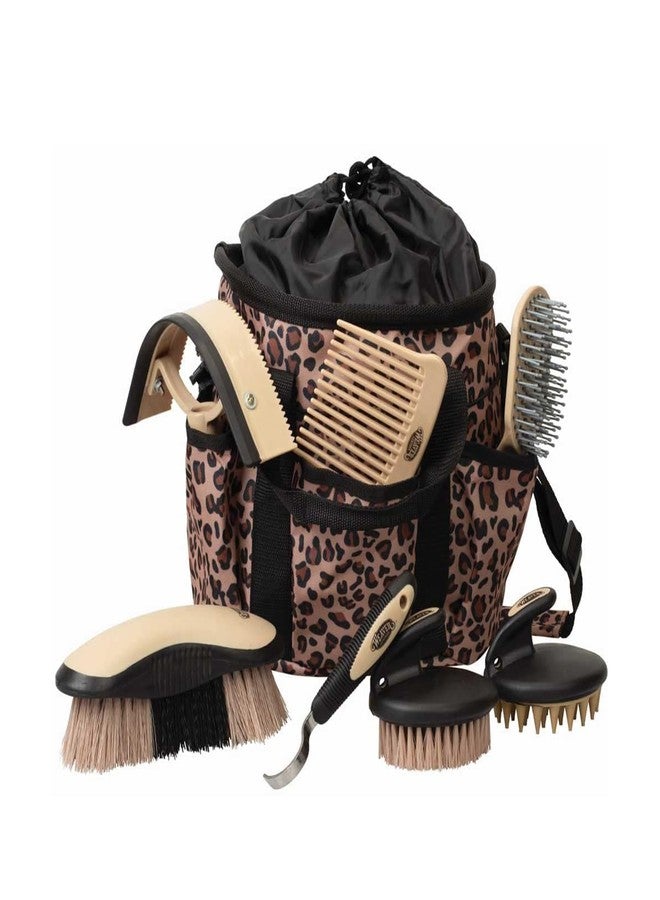Weaver Equine Horse Grooming Kit, 7-Piece Horse Brush Set with Organizer Tote Bag, Hoof Pick, Comb, Sweat Scraper, Equine Tools for Daily Grooming, Leopard - Image 1