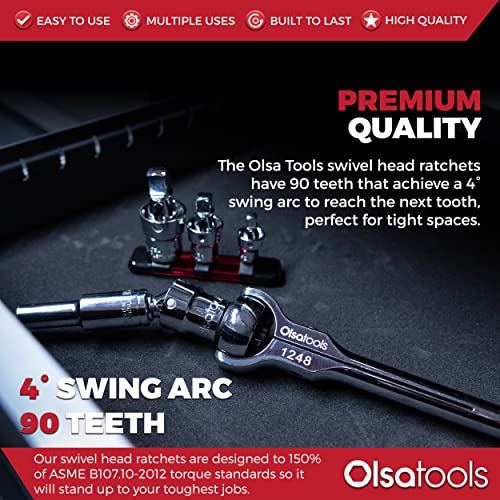 Olsa Tools Swivel Head Ratchet - 1/2-Inch Drive with 90-Tooth Round Head - Roto-Style Socket Wrench for Mechanics - Premium Quality Swiveling Handle - Part 1248 - Image 3