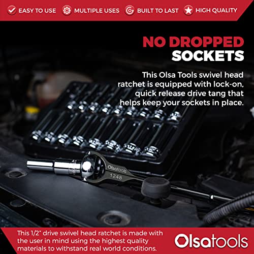 Olsa Tools Swivel Head Ratchet - 1/2-Inch Drive with 90-Tooth Round Head - Roto-Style Socket Wrench for Mechanics - Premium Quality Swiveling Handle - Part 1248 - Image 2