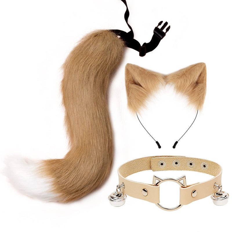 QinRuan Cat Ears and Wolf Fox Animal Tail Cosplay Costume Faux Fur Hair Clip Headdress Halloween Leather Neck Chocker Set - Image 1