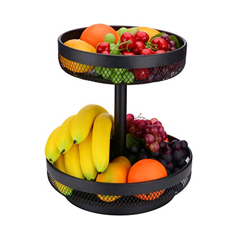 IBERG 2 Tier Fruit Basket Detachable Mesh Fruit Bowl for Kitchen Countertop Metal Basket Stand for FruitsVegetables Bread Snacks Black
