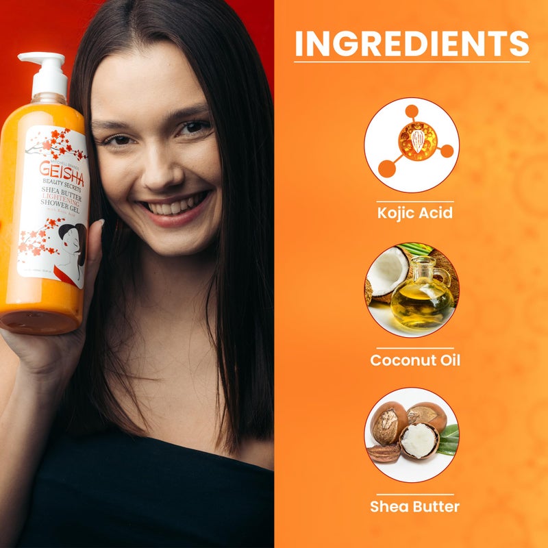 Geisha غسول الجسم OMIC جيشا، حمض كوجيك لتفتيح البشرة - 33 أونصة سائلة / 1000 مل - توحيد لون البشرة، إشراقة البشرة، جل استحمام للوجه والجسم، مع زيت جوز الهند وزبدة الشيا - Image 2