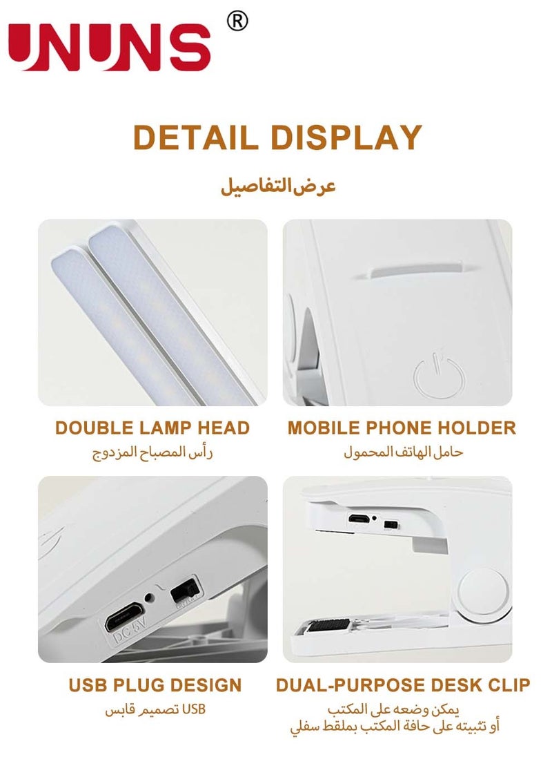 UNUNS - 2-In-1 LED Desk Lamp,3 Color Modes,Stepless Dimmable Double Head Desk Lamps For Home Reading,USB Rechargeable,Light Laptop Lamp With Phone Holder Slot,LED Clip Table Lamp - Image 1