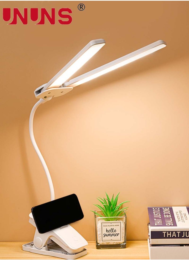 UNUNS - 2-In-1 LED Desk Lamp,3 Color Modes,Stepless Dimmable Double Head Desk Lamps For Home Reading,USB Rechargeable,Light Laptop Lamp With Phone Holder Slot,LED Clip Table Lamp - Image 1